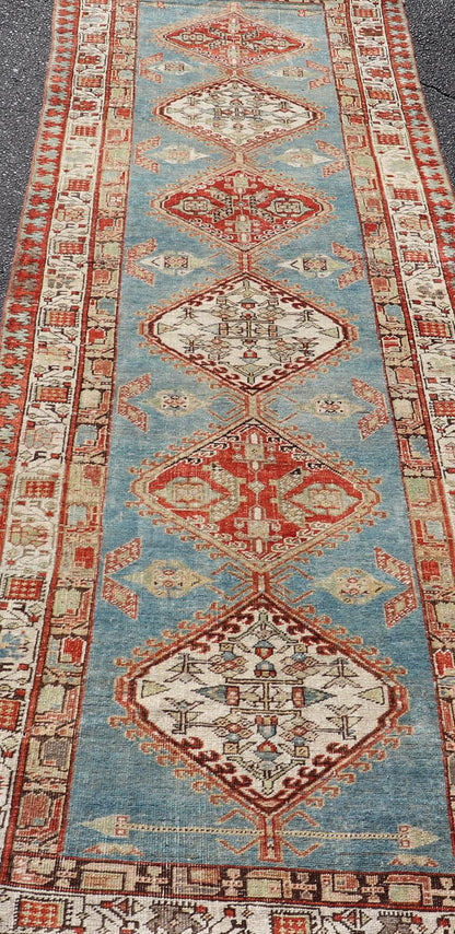 Antique Hand - Knotted Sarab Runner with Sub - Geometric Design in Red, Blue & Ivory. Antique Sarab Runner, rug EMB - 22116 - 15012; Keivan Woven Arts, country of origin / type: Persian / Sarab, circa 1910. Measures: 3'2 x 10'2 This antique hand - knotted ... - Keivan Woven ArtsEMB - 22116 - 15012 - 20325Rug