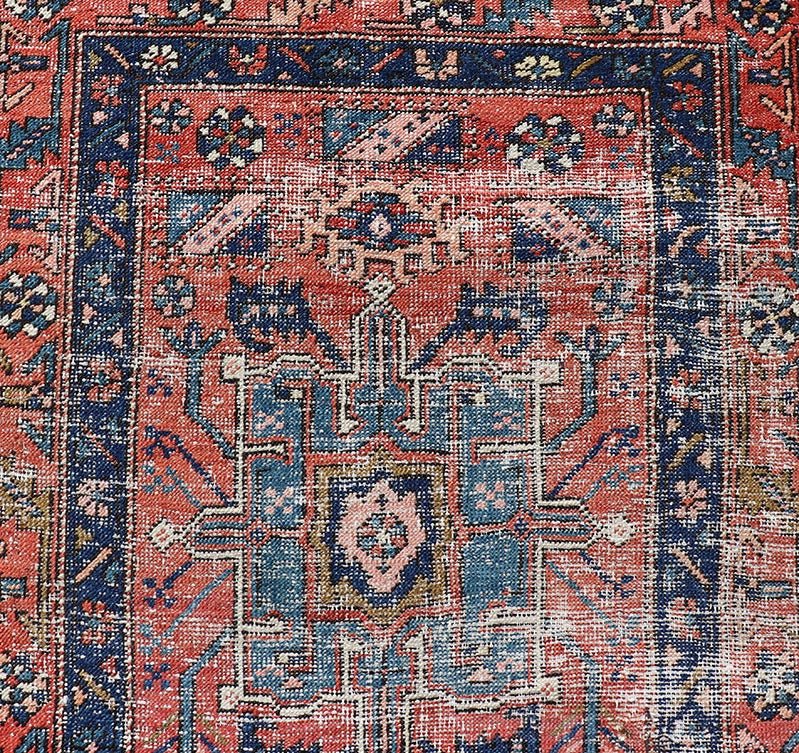 Geometric Medallion Antique Persian Heriz Runner in Orange - Red and Blue. Keivan Woven Arts / rug EMB - 22117 - 15011, country of origin / type: Iran / Heriz, circa 1920 Measures: 3'0 x 10'7 This antique Persian Heriz runner, from northwest Iran, dis... - Keivan Woven ArtsEMB - 22117 - 15011 - 20319Rug