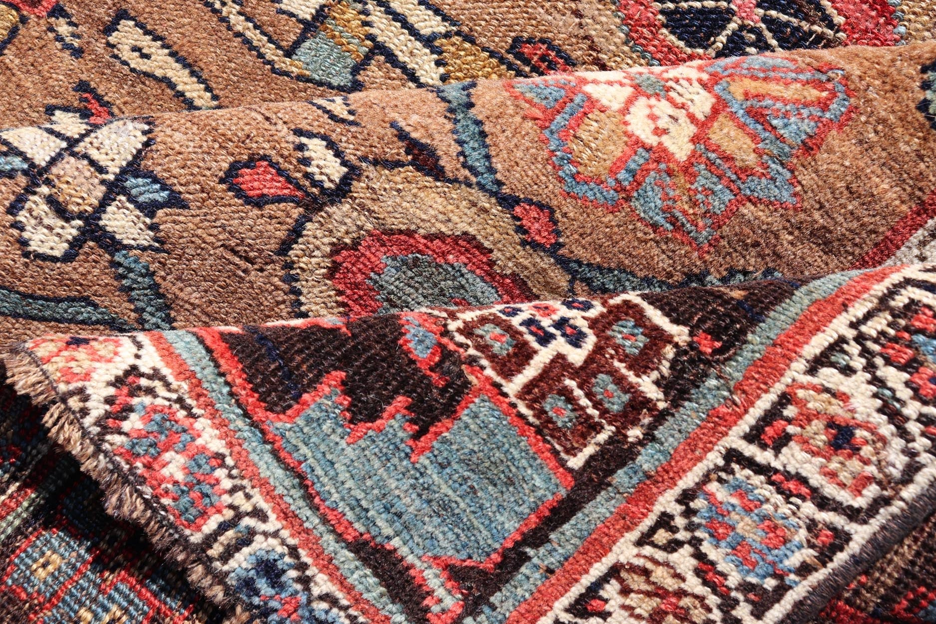 Square Antique Persian Bidjar Rug with Floral Motifs in Brown, Tan, & Green. Keivan Woven Arts / rug EMB - 22118 - 15010, country of origin / type: Iran / Bidjar, circa 1900 Measures: 4'6 x 4'11 This antique Persian Bidjar carpet features multi ... - Keivan Woven ArtsEMB - 22118 - 15010 - 20313Rug