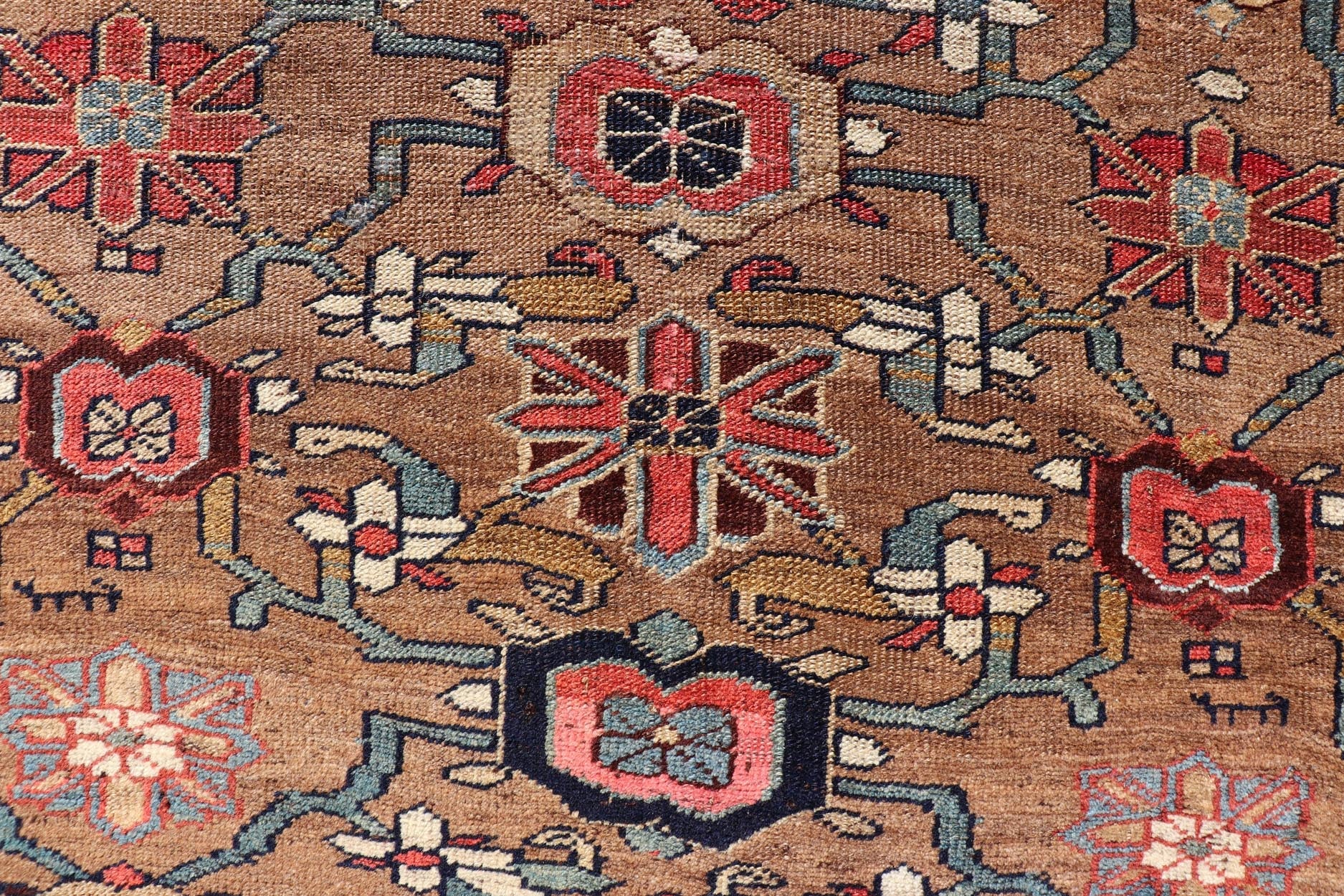 Square Antique Persian Bidjar Rug with Floral Motifs in Brown, Tan, & Green. Keivan Woven Arts / rug EMB - 22118 - 15010, country of origin / type: Iran / Bidjar, circa 1900 Measures: 4'6 x 4'11 This antique Persian Bidjar carpet features multi ... - Keivan Woven ArtsEMB - 22118 - 15010 - 20313Rug