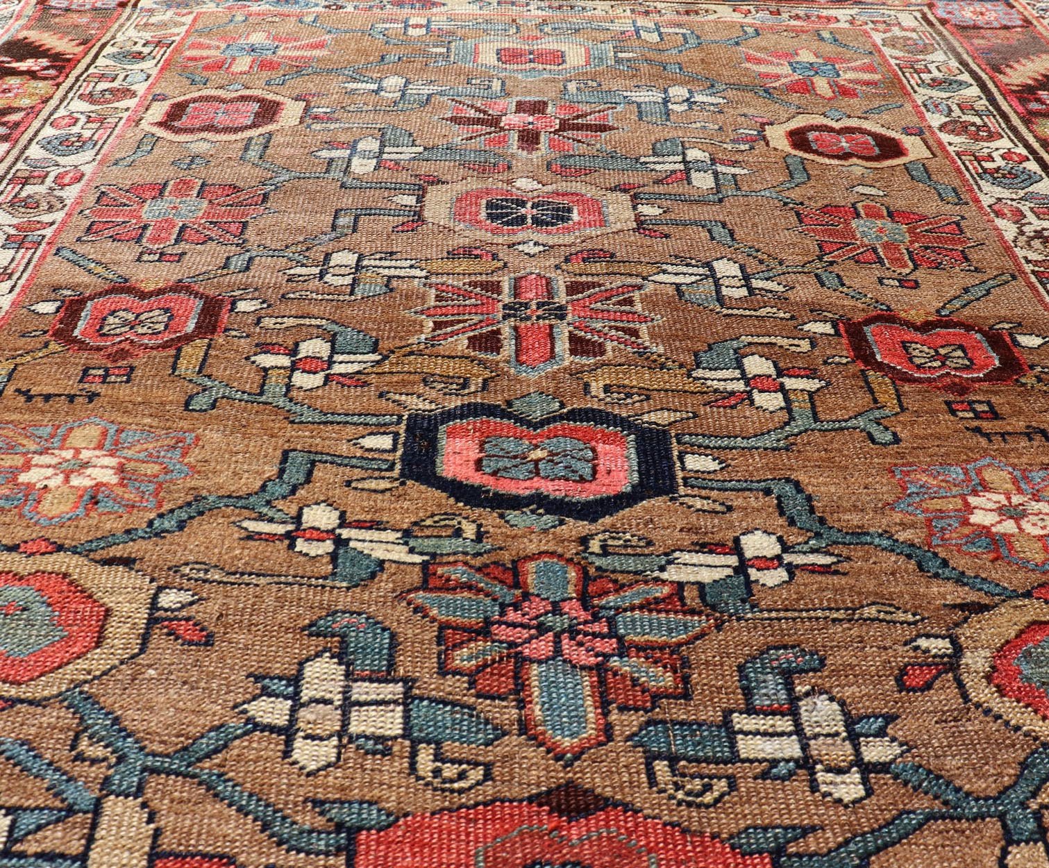 Square Antique Persian Bidjar Rug with Floral Motifs in Brown, Tan, & Green. Keivan Woven Arts / rug EMB - 22118 - 15010, country of origin / type: Iran / Bidjar, circa 1900 Measures: 4'6 x 4'11 This antique Persian Bidjar carpet features multi ... - Keivan Woven ArtsEMB - 22118 - 15010 - 20313Rug