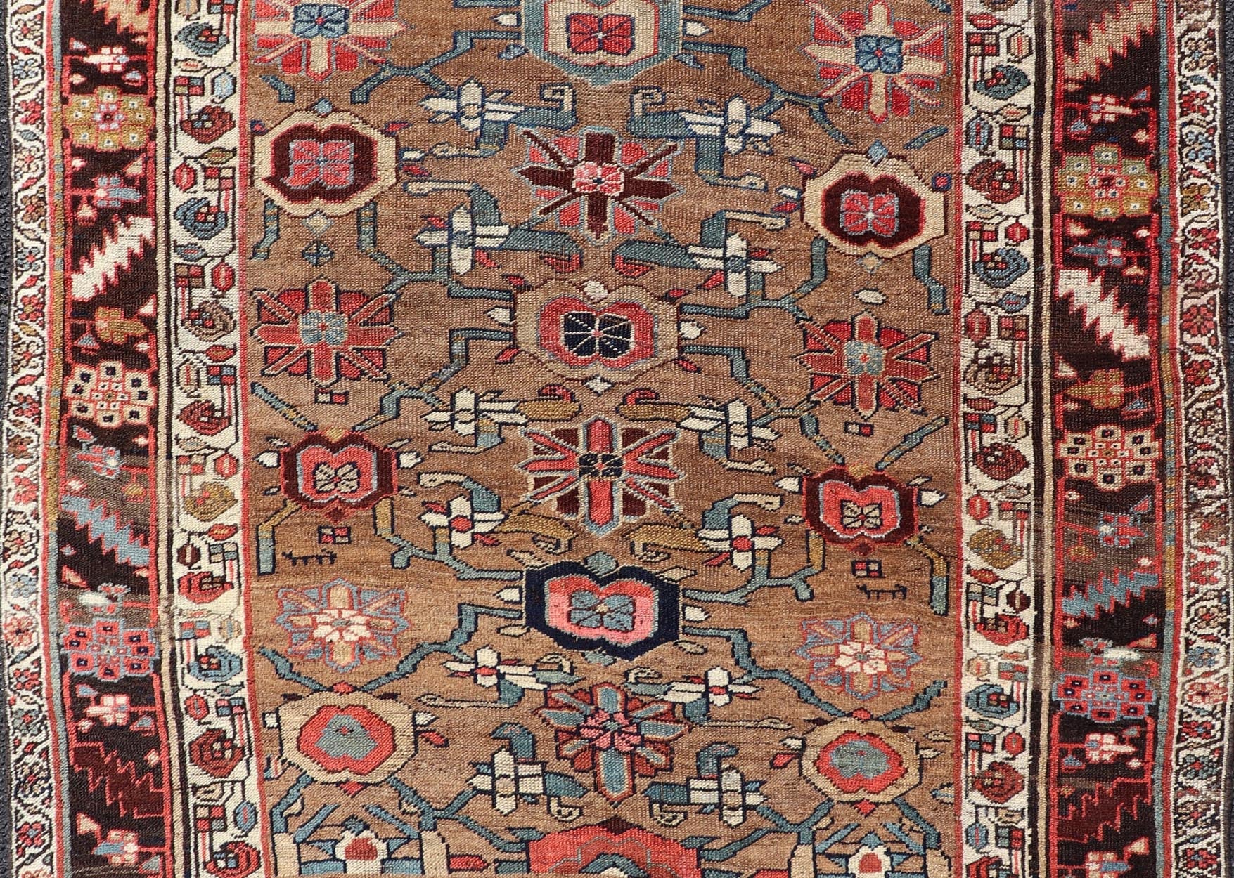 Square Antique Persian Bidjar Rug with Floral Motifs in Brown, Tan, & Green. Keivan Woven Arts / rug EMB - 22118 - 15010, country of origin / type: Iran / Bidjar, circa 1900 Measures: 4'6 x 4'11 This antique Persian Bidjar carpet features multi ... - Keivan Woven ArtsEMB - 22118 - 15010 - 20313Rug