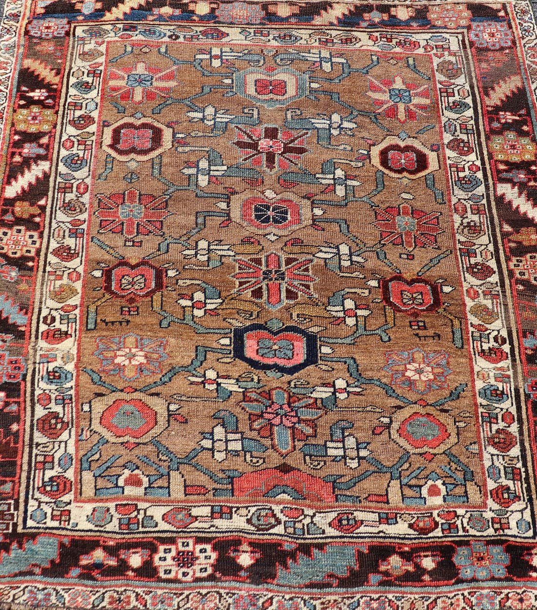Square Antique Persian Bidjar Rug with Floral Motifs in Brown, Tan, & Green. Keivan Woven Arts / rug EMB - 22118 - 15010, country of origin / type: Iran / Bidjar, circa 1900 Measures: 4'6 x 4'11 This antique Persian Bidjar carpet features multi ... - Keivan Woven ArtsEMB - 22118 - 15010 - 20313Rug
