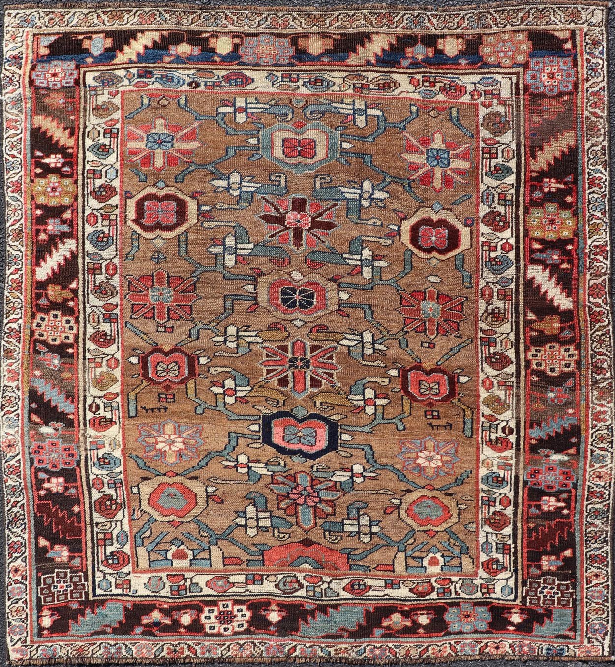 Square Antique Persian Bidjar Rug with Floral Motifs in Brown, Tan, & Green. Keivan Woven Arts / rug EMB - 22118 - 15010, country of origin / type: Iran / Bidjar, circa 1900 Measures: 4'6 x 4'11 This antique Persian Bidjar carpet features multi ... - Keivan Woven ArtsEMB - 22118 - 15010 - 20313Rug