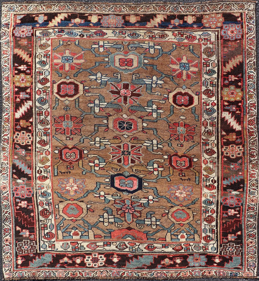 Square Antique Persian Bidjar Rug with Floral Motifs in Brown, Tan, & Green. Keivan Woven Arts / rug EMB - 22118 - 15010, country of origin / type: Iran / Bidjar, circa 1900 Measures: 4'6 x 4'11 This antique Persian Bidjar carpet features multi ... - Keivan Woven ArtsEMB - 22118 - 15010 - 20313Rug