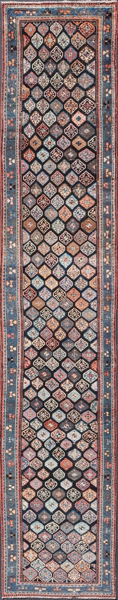 Measures: 3'5 x 18'8 Antique Hand Knotted Hamadan Runner with All - Over Tribal Design in Jewel Tones. Keivan Woven Arts / rug EMB - 22124 - 15016, country of origin / type: Iran / Hamadan, circa 1920. - Keivan Woven ArtsEMB - 22124 - 15016 - 20349Rug
