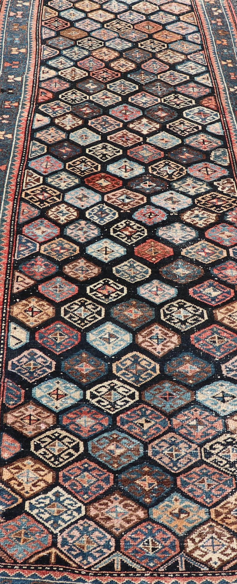 Measures: 3'5 x 18'8 Antique Hand Knotted Hamadan Runner with All - Over Tribal Design in Jewel Tones. Keivan Woven Arts / rug EMB - 22124 - 15016, country of origin / type: Iran / Hamadan, circa 1920. - Keivan Woven ArtsEMB - 22124 - 15016 - 20349Rug