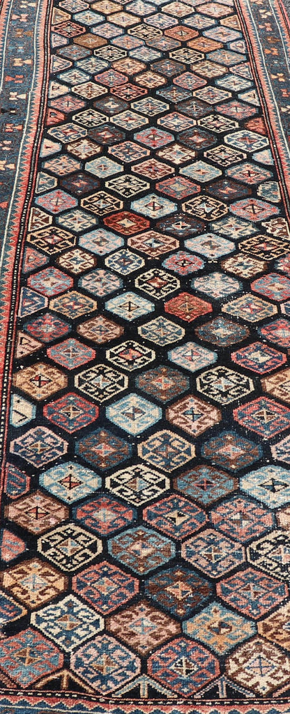Measures: 3'5 x 18'8 Antique Hand Knotted Hamadan Runner with All - Over Tribal Design in Jewel Tones. Keivan Woven Arts / rug EMB - 22124 - 15016, country of origin / type: Iran / Hamadan, circa 1920. - Keivan Woven ArtsEMB - 22124 - 15016 - 20349Rug