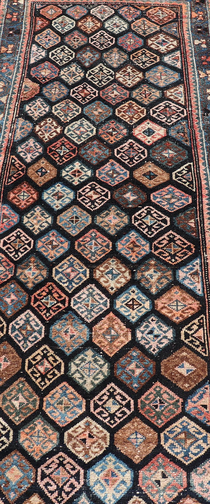 Measures: 3'5 x 18'8 Antique Hand Knotted Hamadan Runner with All - Over Tribal Design in Jewel Tones. Keivan Woven Arts / rug EMB - 22124 - 15016, country of origin / type: Iran / Hamadan, circa 1920. - Keivan Woven ArtsEMB - 22124 - 15016 - 20349Rug