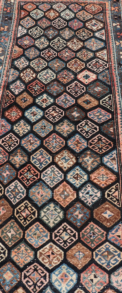 Measures: 3'5 x 18'8 Antique Hand Knotted Hamadan Runner with All - Over Tribal Design in Jewel Tones. Keivan Woven Arts / rug EMB - 22124 - 15016, country of origin / type: Iran / Hamadan, circa 1920. - Keivan Woven ArtsEMB - 22124 - 15016 - 20349Rug