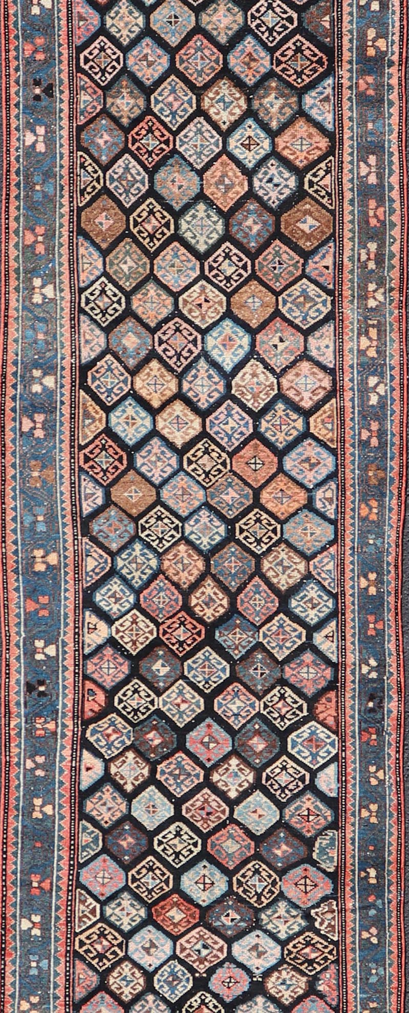 Measures: 3'5 x 18'8 Antique Hand Knotted Hamadan Runner with All - Over Tribal Design in Jewel Tones. Keivan Woven Arts / rug EMB - 22124 - 15016, country of origin / type: Iran / Hamadan, circa 1920. - Keivan Woven ArtsEMB - 22124 - 15016 - 20349Rug