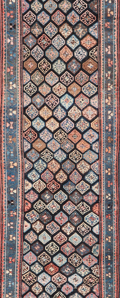 Measures: 3'5 x 18'8 Antique Hand Knotted Hamadan Runner with All - Over Tribal Design in Jewel Tones. Keivan Woven Arts / rug EMB - 22124 - 15016, country of origin / type: Iran / Hamadan, circa 1920. - Keivan Woven ArtsEMB - 22124 - 15016 - 20349Rug