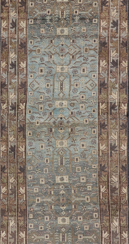 Antique N.W. Persian Runner with All - Over Design in Light Brown, L. Blue & Gray. Keivan Woven Arts; rug EMB - 22125 - 15015, country of origin / type: Iran / Hamadan, circa 1910. Measures: 3'4 x 12'7 This antique N.W. Persian runner has be... - Keivan Woven ArtsEMB - 22125 - 15015 - 20343Rug