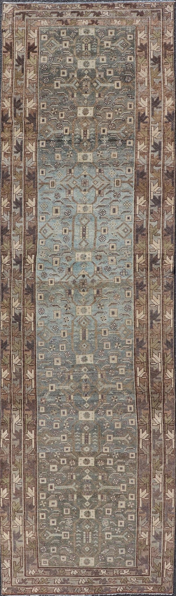 Antique N.W. Persian Runner with All - Over Design in Light Brown, L. Blue & Gray. Keivan Woven Arts; rug EMB - 22125 - 15015, country of origin / type: Iran / Hamadan, circa 1910. Measures: 3'4 x 12'7 This antique N.W. Persian runner has be... - Keivan Woven ArtsEMB - 22125 - 15015 - 20343Rug