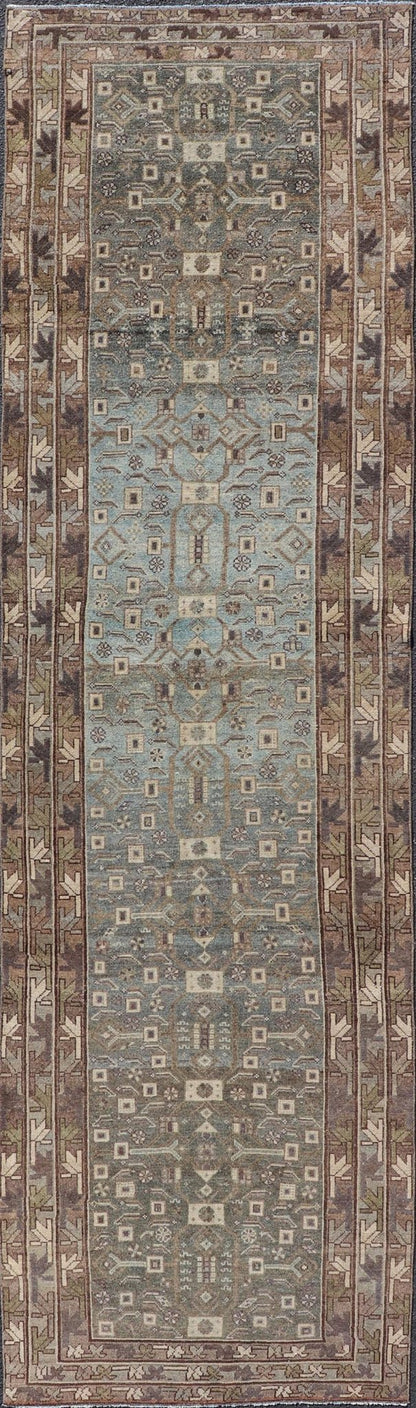 Antique N.W. Persian Runner with All - Over Design in Light Brown, L. Blue & Gray. Keivan Woven Arts; rug EMB - 22125 - 15015, country of origin / type: Iran / Hamadan, circa 1910. Measures: 3'4 x 12'7 This antique N.W. Persian runner has be... - Keivan Woven ArtsEMB - 22125 - 15015 - 20343Rug