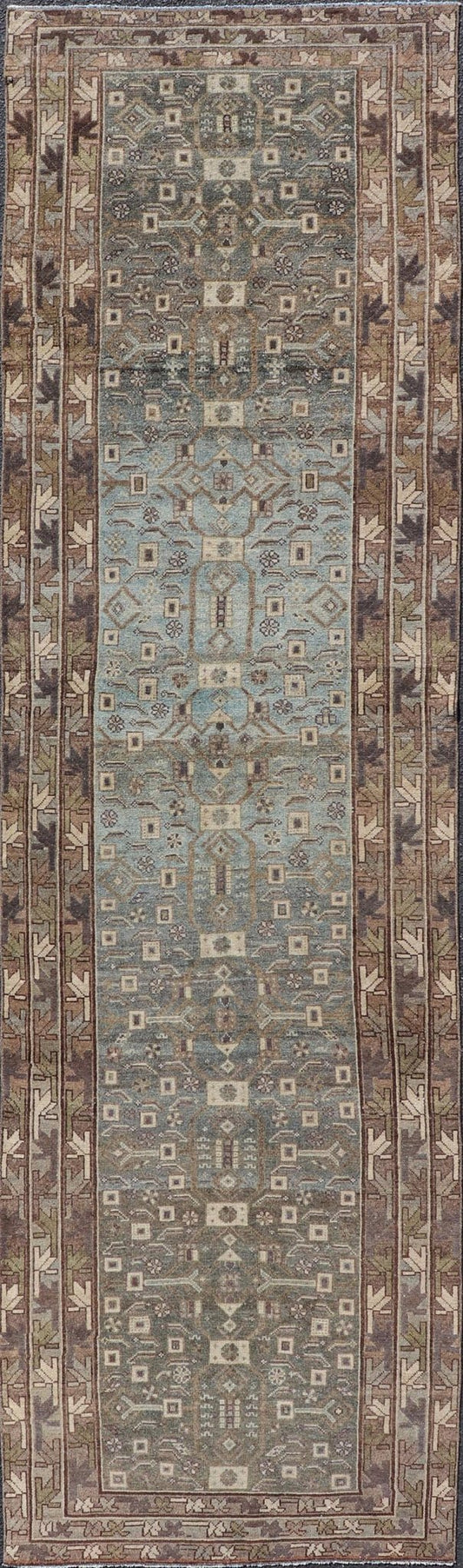 Antique N.W. Persian Runner with All - Over Design in Light Brown, L. Blue & Gray. Keivan Woven Arts; rug EMB - 22125 - 15015, country of origin / type: Iran / Hamadan, circa 1910. Measures: 3'4 x 12'7 This antique N.W. Persian runner has be... - Keivan Woven ArtsEMB - 22125 - 15015 - 20343Rug