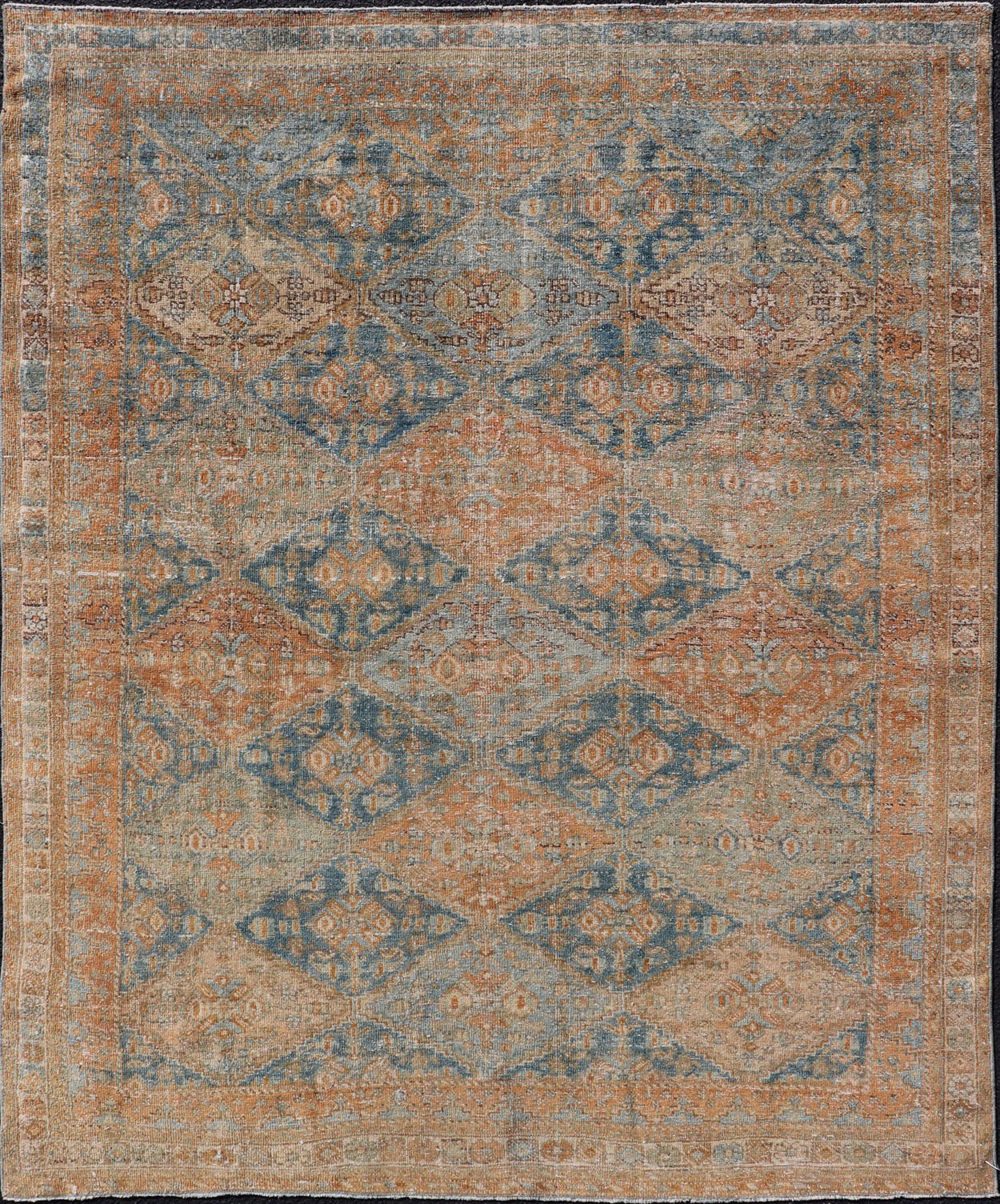 Measures: 5'2 x 6'6 Antique Persian Kurdish Rug with All - Over Geometric Medallion in Orange & Blue. Keivan Woven Arts / rug EMB - 22126 - 15014, country of origin / type: Iran / Kurdish circa 1920. This multicolored antique Persian Kurdish rug f... - Keivan Woven ArtsEMB - 22126 - 15014 - 20337Rug