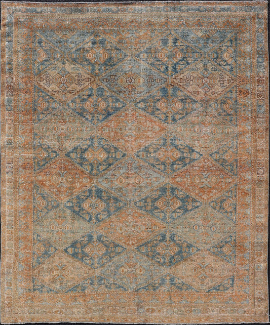 Measures: 5'2 x 6'6 Antique Persian Kurdish Rug with All - Over Geometric Medallion in Orange & Blue. Keivan Woven Arts / rug EMB - 22126 - 15014, country of origin / type: Iran / Kurdish circa 1920. This multicolored antique Persian Kurdish rug f... - Keivan Woven ArtsEMB - 22126 - 15014 - 20337Rug