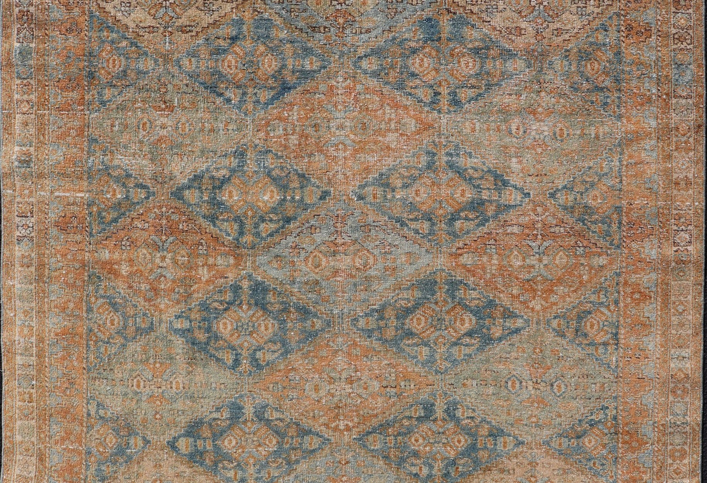 Measures: 5'2 x 6'6 Antique Persian Kurdish Rug with All - Over Geometric Medallion in Orange & Blue. Keivan Woven Arts / rug EMB - 22126 - 15014, country of origin / type: Iran / Kurdish circa 1920. This multicolored antique Persian Kurdish rug f... - Keivan Woven ArtsEMB - 22126 - 15014 - 20337Rug