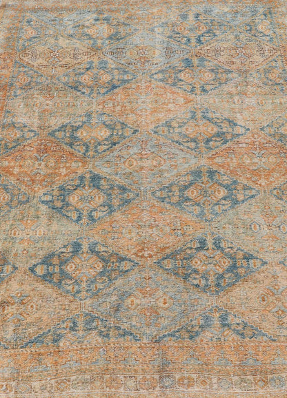 Measures: 5'2 x 6'6 Antique Persian Kurdish Rug with All - Over Geometric Medallion in Orange & Blue. Keivan Woven Arts / rug EMB - 22126 - 15014, country of origin / type: Iran / Kurdish circa 1920. This multicolored antique Persian Kurdish rug f... - Keivan Woven ArtsEMB - 22126 - 15014 - 20337Rug