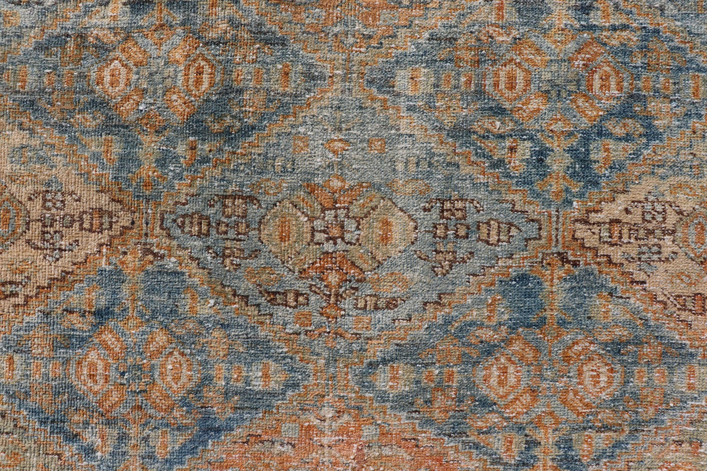 Measures: 5'2 x 6'6 Antique Persian Kurdish Rug with All - Over Geometric Medallion in Orange & Blue. Keivan Woven Arts / rug EMB - 22126 - 15014, country of origin / type: Iran / Kurdish circa 1920. This multicolored antique Persian Kurdish rug f... - Keivan Woven ArtsEMB - 22126 - 15014 - 20337Rug