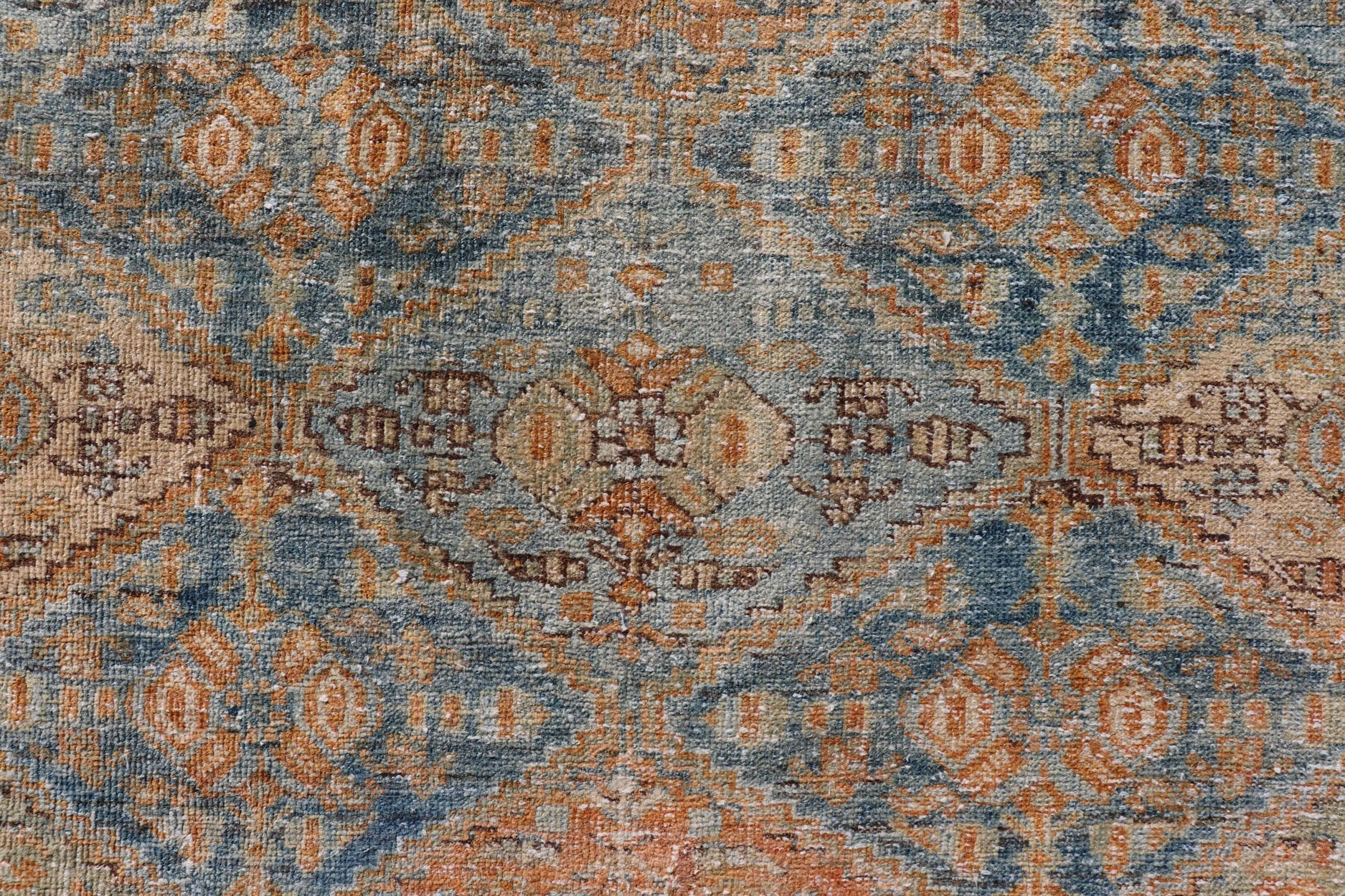 Measures: 5'2 x 6'6 Antique Persian Kurdish Rug with All - Over Geometric Medallion in Orange & Blue. Keivan Woven Arts / rug EMB - 22126 - 15014, country of origin / type: Iran / Kurdish circa 1920. This multicolored antique Persian Kurdish rug f... - Keivan Woven ArtsEMB - 22126 - 15014 - 20337Rug