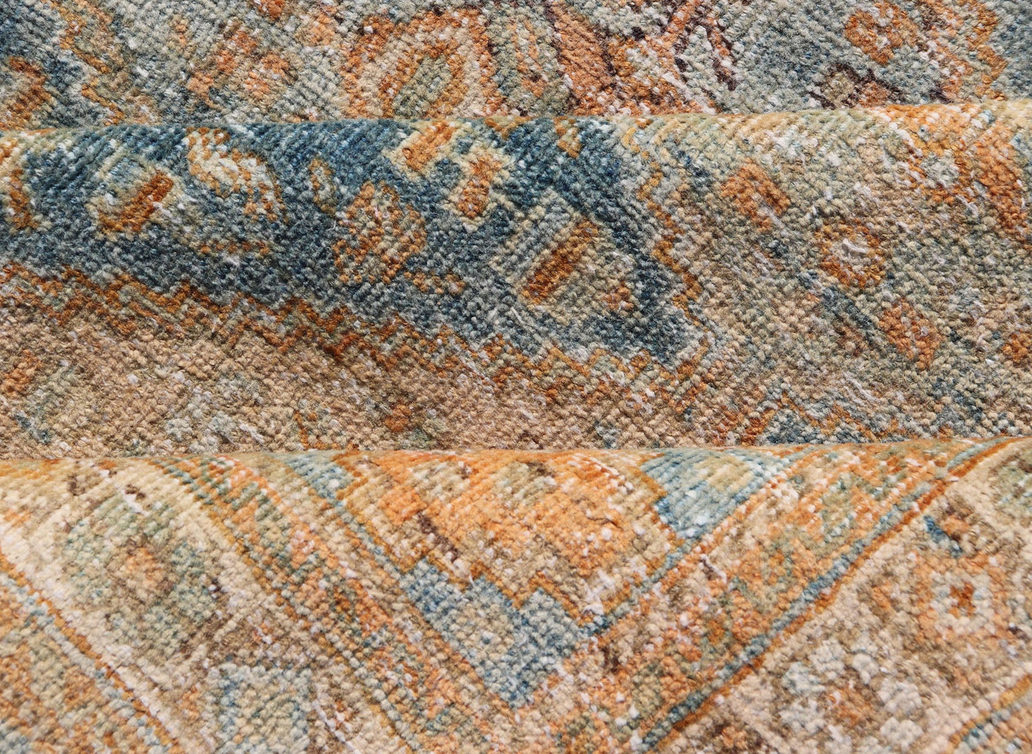 Measures: 5'2 x 6'6 Antique Persian Kurdish Rug with All - Over Geometric Medallion in Orange & Blue. Keivan Woven Arts / rug EMB - 22126 - 15014, country of origin / type: Iran / Kurdish circa 1920. This multicolored antique Persian Kurdish rug f... - Keivan Woven ArtsEMB - 22126 - 15014 - 20337Rug