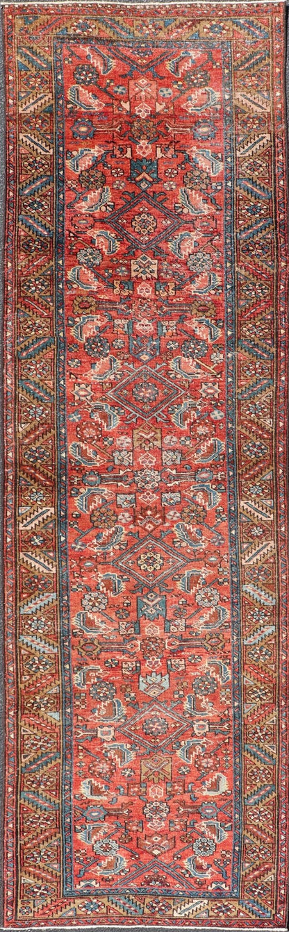 Antique Persian Heriz Runner with Colorful All - Over Stylized Floral Design. Keivan Woven Arts / rug EMB - 22130 - 15019, origin/iran Early 20th Century Heriz Runner. Measures: 2'11 x 10'9 This magnificent Heriz runner from the early 20th century be... - Keivan Woven ArtsEMB - 22130 - 15019 - 20367Rug