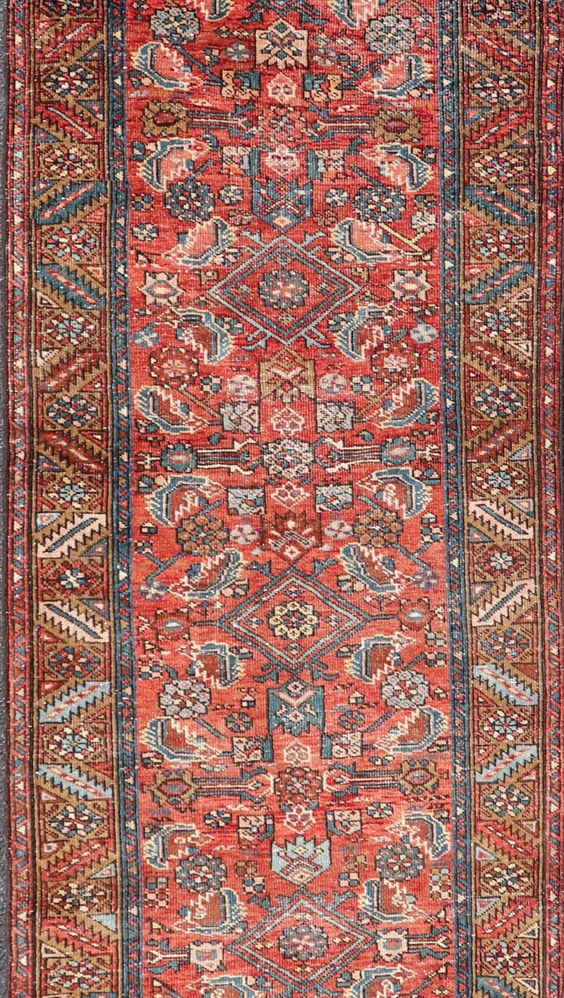 Antique Persian Heriz Runner with Colorful All - Over Stylized Floral Design. Keivan Woven Arts / rug EMB - 22130 - 15019, origin/iran Early 20th Century Heriz Runner. Measures: 2'11 x 10'9 This magnificent Heriz runner from the early 20th century be... - Keivan Woven ArtsEMB - 22130 - 15019 - 20367Rug