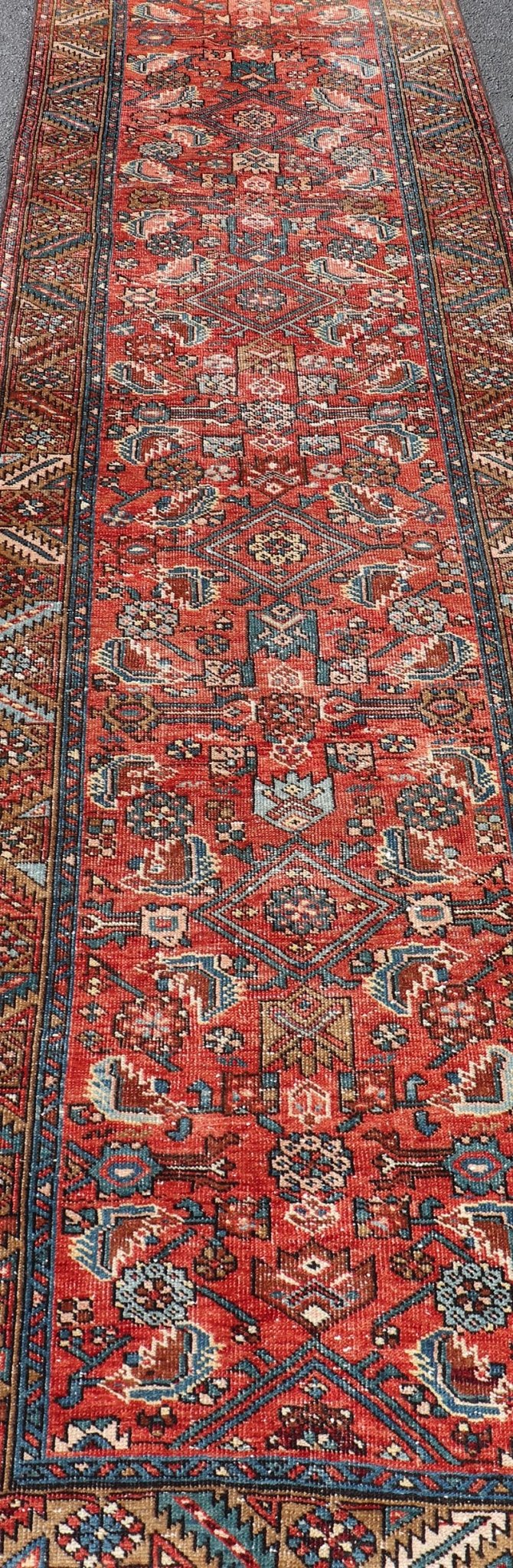 Antique Persian Heriz Runner with Colorful All - Over Stylized Floral Design. Keivan Woven Arts / rug EMB - 22130 - 15019, origin/iran Early 20th Century Heriz Runner. Measures: 2'11 x 10'9 This magnificent Heriz runner from the early 20th century be... - Keivan Woven ArtsEMB - 22130 - 15019 - 20367Rug