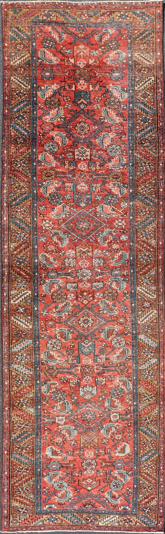 Antique Persian Heriz Runner with Colorful All - Over Stylized Floral Design. Keivan Woven Arts / rug EMB - 22130 - 15019, origin/iran Early 20th Century Heriz Runner. Measures: 2'11 x 10'9 This magnificent Heriz runner from the early 20th century be... - Keivan Woven ArtsEMB - 22130 - 15019 - 20367