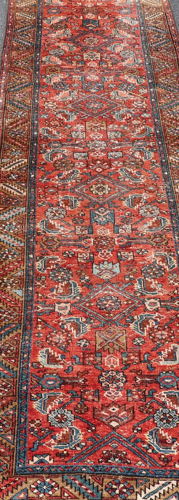 Antique Persian Heriz Runner with Colorful All - Over Stylized Floral Design. Keivan Woven Arts / rug EMB - 22130 - 15019, origin/iran Early 20th Century Heriz Runner. Measures: 2'11 x 10'9 This magnificent Heriz runner from the early 20th century be... - Keivan Woven ArtsEMB - 22130 - 15019 - 20367Rug