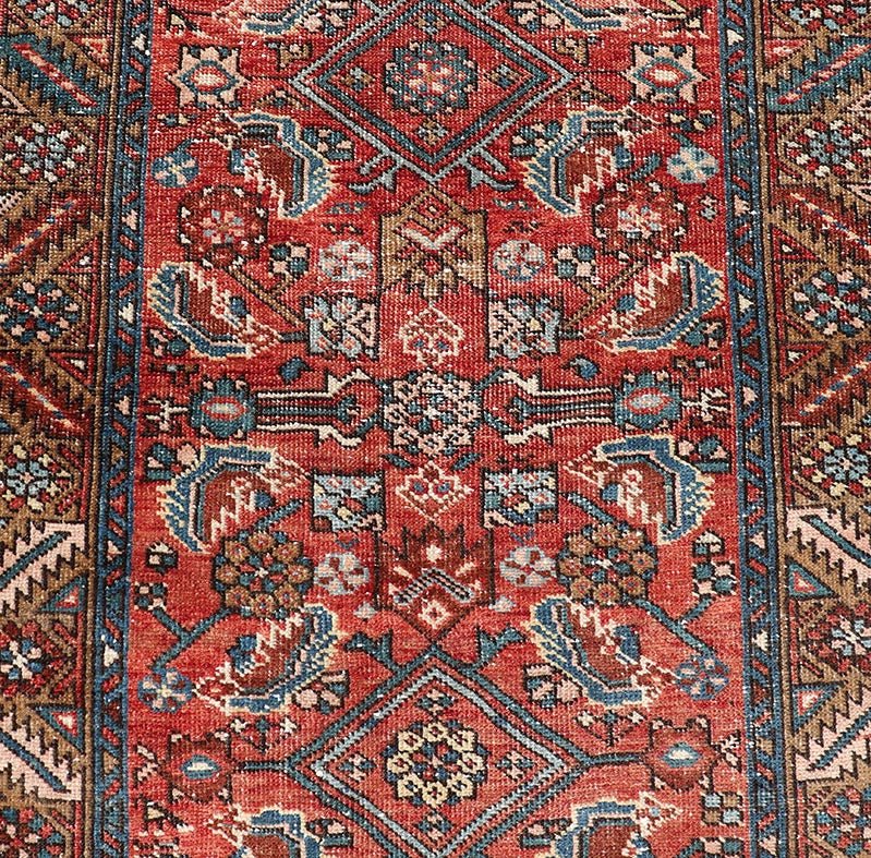 Antique Persian Heriz Runner with Colorful All - Over Stylized Floral Design. Keivan Woven Arts / rug EMB - 22130 - 15019, origin/iran Early 20th Century Heriz Runner. Measures: 2'11 x 10'9 This magnificent Heriz runner from the early 20th century be... - Keivan Woven ArtsEMB - 22130 - 15019 - 20367Rug