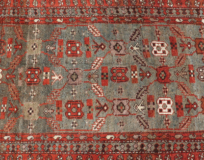 Measures: 3'6 x 13'1 This early 20th century antique Kurdish runner features a all - over tribal motifs with blue, gray, teal, and soft orange red. Kurdish Antique Runner in Vibrant Blue - Teal Background and Multi - Tiered Border. Keivan Woven Arts; rug... - Keivan Woven ArtsEMB - 22131 - 15018 - 20361Rug