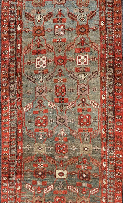 Measures: 3'6 x 13'1 This early 20th century antique Kurdish runner features a all - over tribal motifs with blue, gray, teal, and soft orange red. Kurdish Antique Runner in Vibrant Blue - Teal Background and Multi - Tiered Border. Keivan Woven Arts; rug... - Keivan Woven ArtsEMB - 22131 - 15018 - 20361Rug