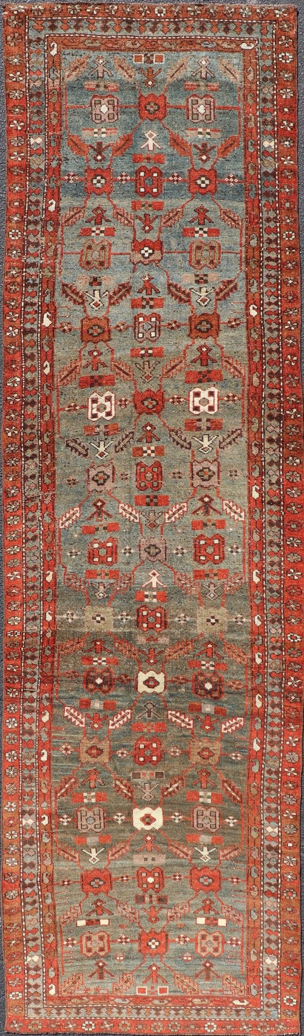 Measures: 3'6 x 13'1 This early 20th century antique Kurdish runner features a all - over tribal motifs with blue, gray, teal, and soft orange red. Kurdish Antique Runner in Vibrant Blue - Teal Background and Multi - Tiered Border. Keivan Woven Arts; rug... - Keivan Woven ArtsEMB - 22131 - 15018 - 20361Rug
