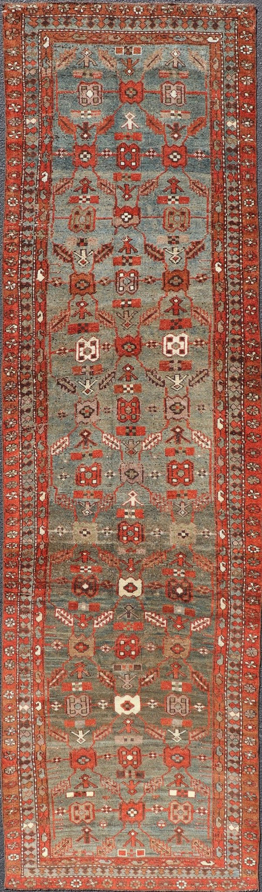 Measures: 3'6 x 13'1 This early 20th century antique Kurdish runner features a all - over tribal motifs with blue, gray, teal, and soft orange red. Kurdish Antique Runner in Vibrant Blue - Teal Background and Multi - Tiered Border. Keivan Woven Arts; rug... - Keivan Woven ArtsEMB - 22131 - 15018 - 20361Rug