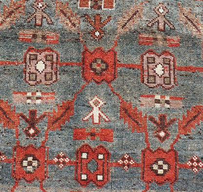 Measures: 3'6 x 13'1 This early 20th century antique Kurdish runner features a all - over tribal motifs with blue, gray, teal, and soft orange red. Kurdish Antique Runner in Vibrant Blue - Teal Background and Multi - Tiered Border. Keivan Woven Arts; rug... - Keivan Woven ArtsEMB - 22131 - 15018 - 20361Rug