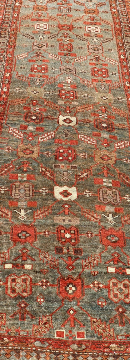 Measures: 3'6 x 13'1 This early 20th century antique Kurdish runner features a all - over tribal motifs with blue, gray, teal, and soft orange red. Kurdish Antique Runner in Vibrant Blue - Teal Background and Multi - Tiered Border. Keivan Woven Arts; rug... - Keivan Woven ArtsEMB - 22131 - 15018 - 20361Rug
