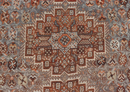 Measures: 6'10 x 9'0 Geometric Persian Shiraz Rug with Tri - Medallion Design in Shades Orange and Blue. Keivan Woven Arts / rug EMB - 22132 - 15042, country of origin / type: Iran / Shiraz, circa 1910. This Persian Shiraz rug (circa early 20th ce... - Keivan Woven ArtsEMB - 22132 - 15042 - 20487Rug
