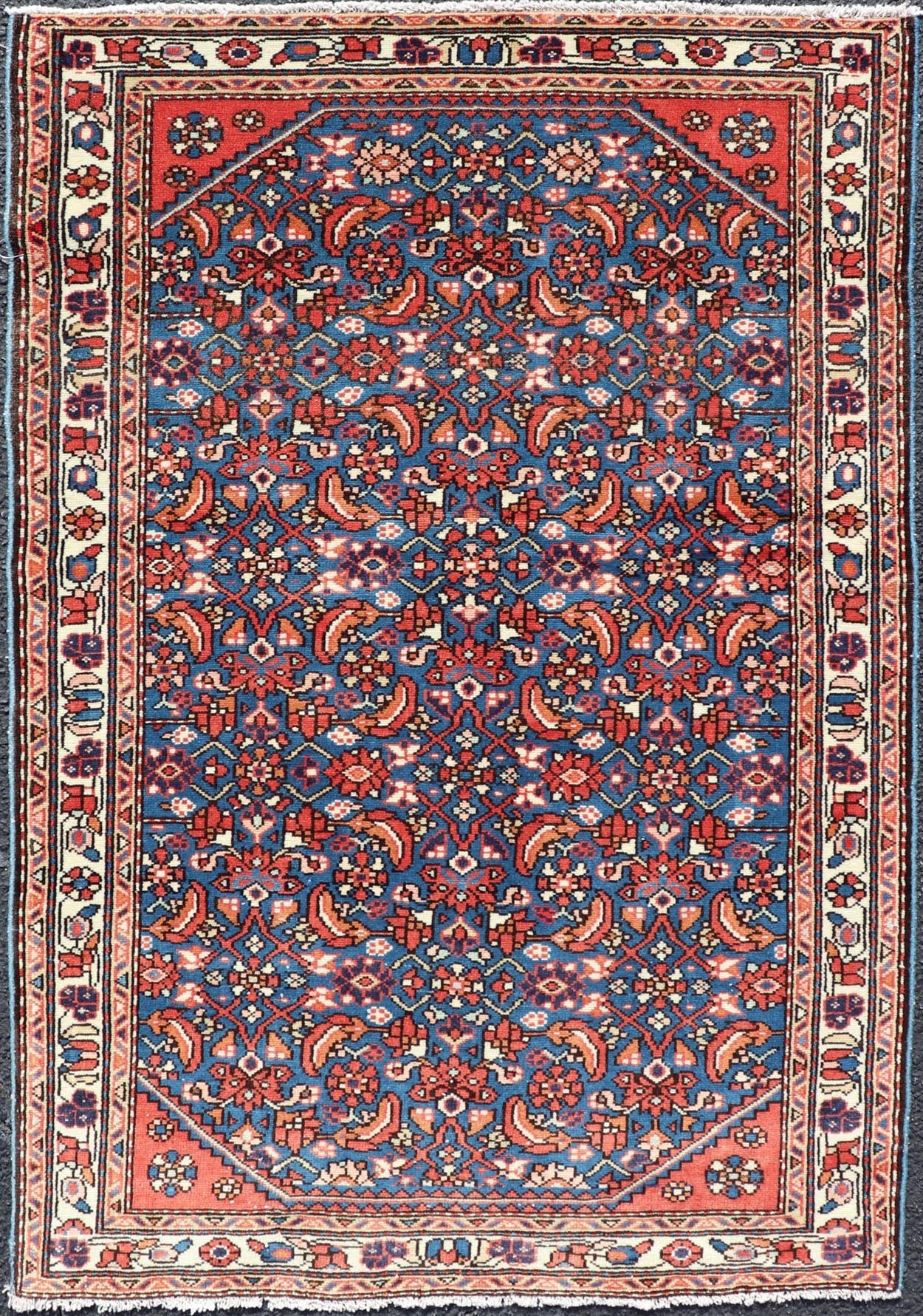 Antique Persian Malayer Rug with a Blue Field and Stylized Tribal Design. Keivan Woven Arts / rug / EMB - 22133 - 15014, country of origin / type: Iran / Malayer, circa 1920. Measures: 2'9 x 4'2 This antique Persian Malayer rug (circa early... - Keivan Woven ArtsEMB - 22133 - 15041 - 20481Rug
