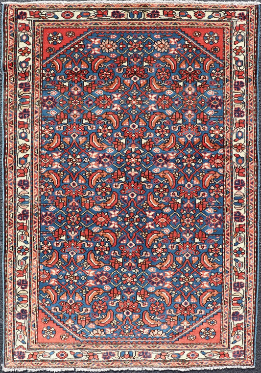 Antique Persian Malayer Rug with a Blue Field and Stylized Tribal Design. Keivan Woven Arts / rug / EMB - 22133 - 15014, country of origin / type: Iran / Malayer, circa 1920. Measures: 2'9 x 4'2 This antique Persian Malayer rug (circa early... - Keivan Woven ArtsEMB - 22133 - 15041 - 20481Rug