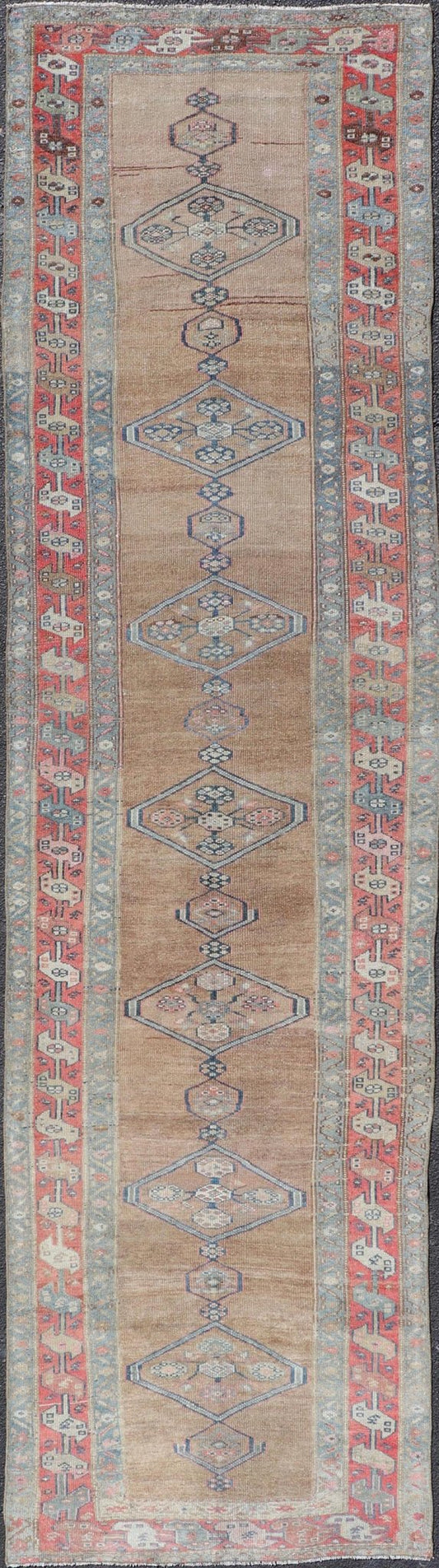 Antique Sarab Runner with Sub - Geometric Medallion Design in Red, Blue & Brown. Antique Sarab Runner, rug EMB - 22134 - 15040; Keivan Woven Arts, country of origin / type: Persian / Sarab, circa 1910. Measures: 3'4 x 13'2 This antique hand - knotted... - Keivan Woven ArtsEMB - 22134 - 15040 - 20475Rug