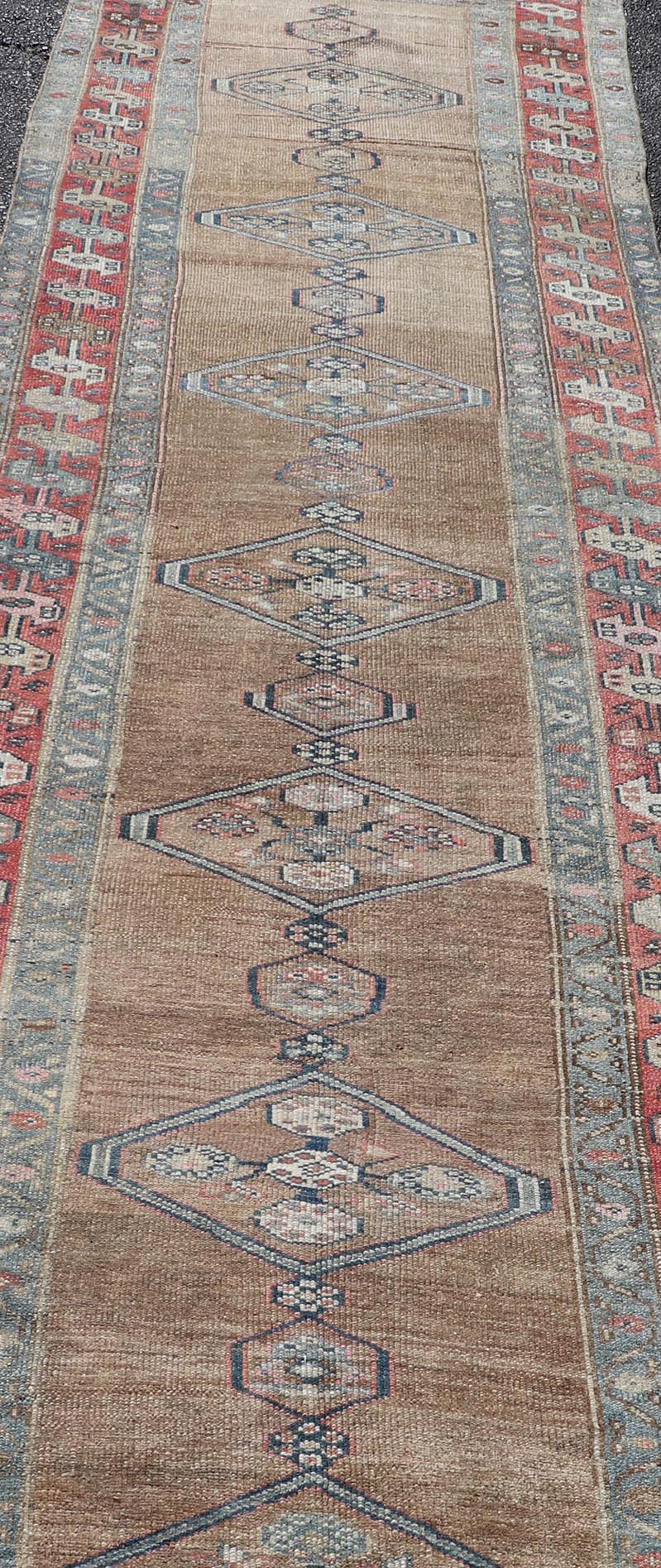 Antique Sarab Runner with Sub - Geometric Medallion Design in Red, Blue & Brown. Antique Sarab Runner, rug EMB - 22134 - 15040; Keivan Woven Arts, country of origin / type: Persian / Sarab, circa 1910. Measures: 3'4 x 13'2 This antique hand - knotted... - Keivan Woven ArtsEMB - 22134 - 15040 - 20475Rug