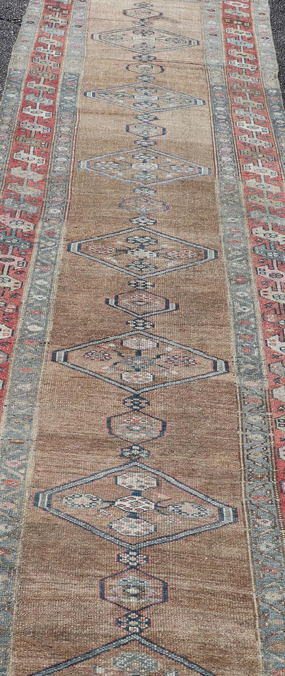 Antique Sarab Runner with Sub - Geometric Medallion Design in Red, Blue & Brown. Antique Sarab Runner, rug EMB - 22134 - 15040; Keivan Woven Arts, country of origin / type: Persian / Sarab, circa 1910. Measures: 3'4 x 13'2 This antique hand - knotted... - Keivan Woven ArtsEMB - 22134 - 15040 - 20475Rug