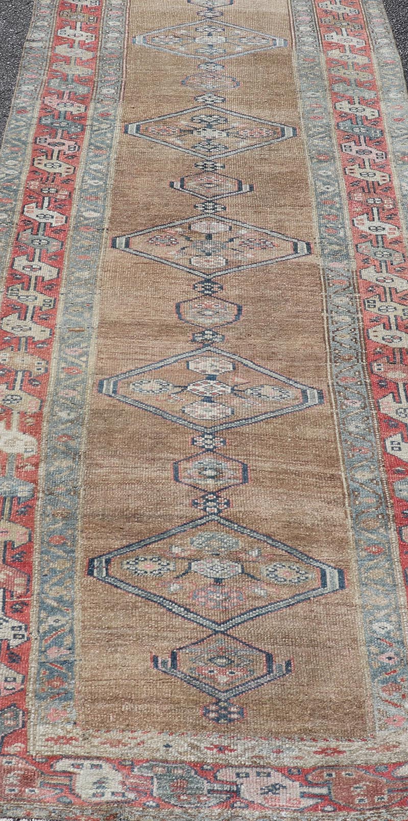 Antique Sarab Runner with Sub - Geometric Medallion Design in Red, Blue & Brown. Antique Sarab Runner, rug EMB - 22134 - 15040; Keivan Woven Arts, country of origin / type: Persian / Sarab, circa 1910. Measures: 3'4 x 13'2 This antique hand - knotted... - Keivan Woven ArtsEMB - 22134 - 15040 - 20475Rug