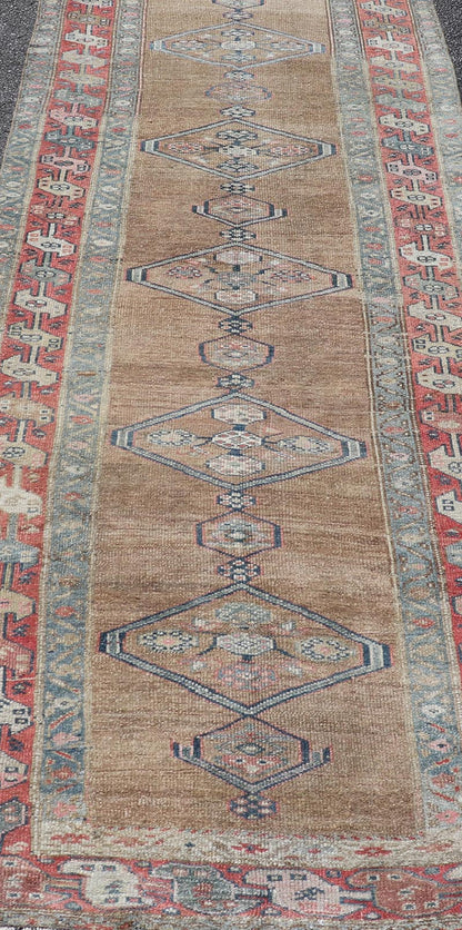 Antique Sarab Runner with Sub - Geometric Medallion Design in Red, Blue & Brown. Antique Sarab Runner, rug EMB - 22134 - 15040; Keivan Woven Arts, country of origin / type: Persian / Sarab, circa 1910. Measures: 3'4 x 13'2 This antique hand - knotted... - Keivan Woven ArtsEMB - 22134 - 15040 - 20475Rug