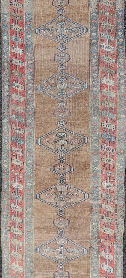 Antique Sarab Runner with Sub - Geometric Medallion Design in Red, Blue & Brown. Antique Sarab Runner, rug EMB - 22134 - 15040; Keivan Woven Arts, country of origin / type: Persian / Sarab, circa 1910. Measures: 3'4 x 13'2 This antique hand - knotted... - Keivan Woven ArtsEMB - 22134 - 15040 - 20475Rug