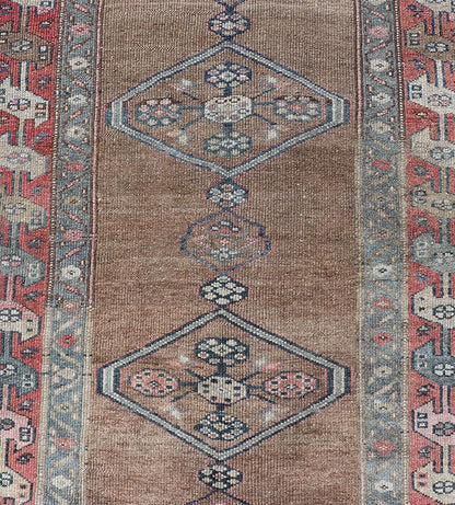 Antique Sarab Runner with Sub - Geometric Medallion Design in Red, Blue & Brown. Antique Sarab Runner, rug EMB - 22134 - 15040; Keivan Woven Arts, country of origin / type: Persian / Sarab, circa 1910. Measures: 3'4 x 13'2 This antique hand - knotted... - Keivan Woven ArtsEMB - 22134 - 15040 - 20475Rug
