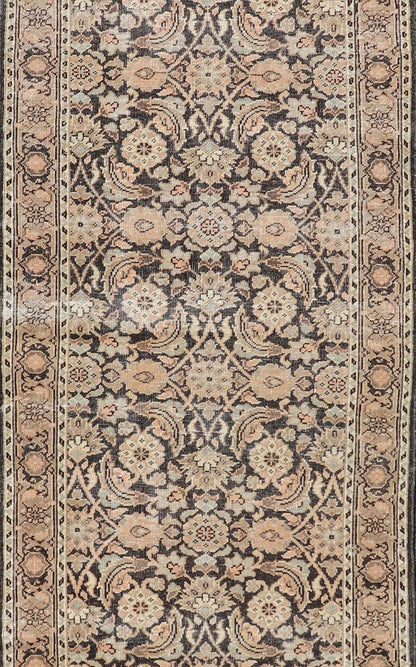 Measures: 2'8 x 9'4 Antique Persian Tabriz Runner with Ornate Floral Design in Earthy Tones. Keivan Woven Arts / EMB - 22135 - 15027, country of origin / type: Iran / Tabriz, circa 1920. This Persian runner with a sophisticated, all - over design ... - Keivan Woven ArtsEMB - 22135 - 15027 - 20403Rug